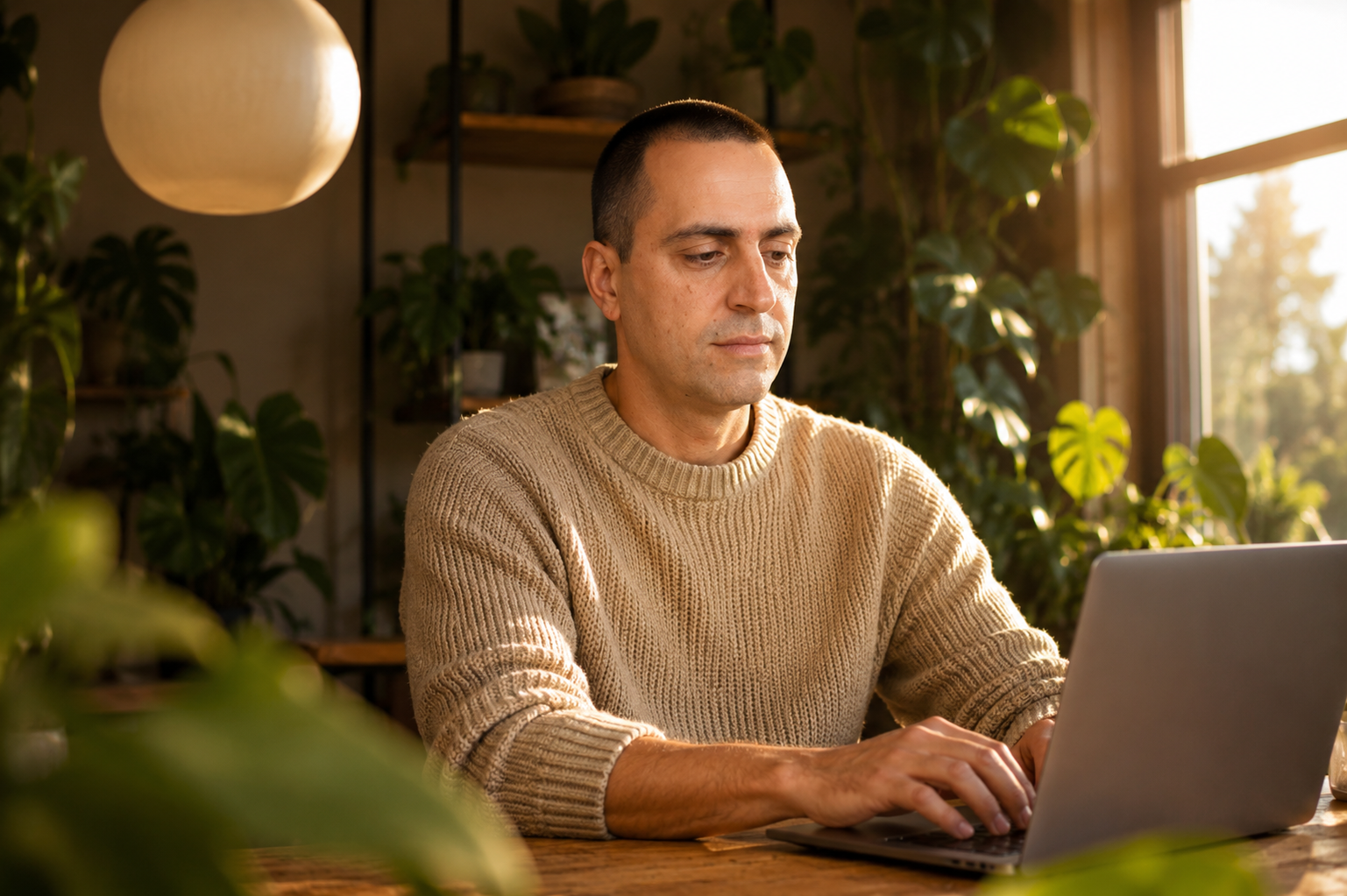 Max Brandão durante atendimento, escrevendo no computador em consultório com luz natural