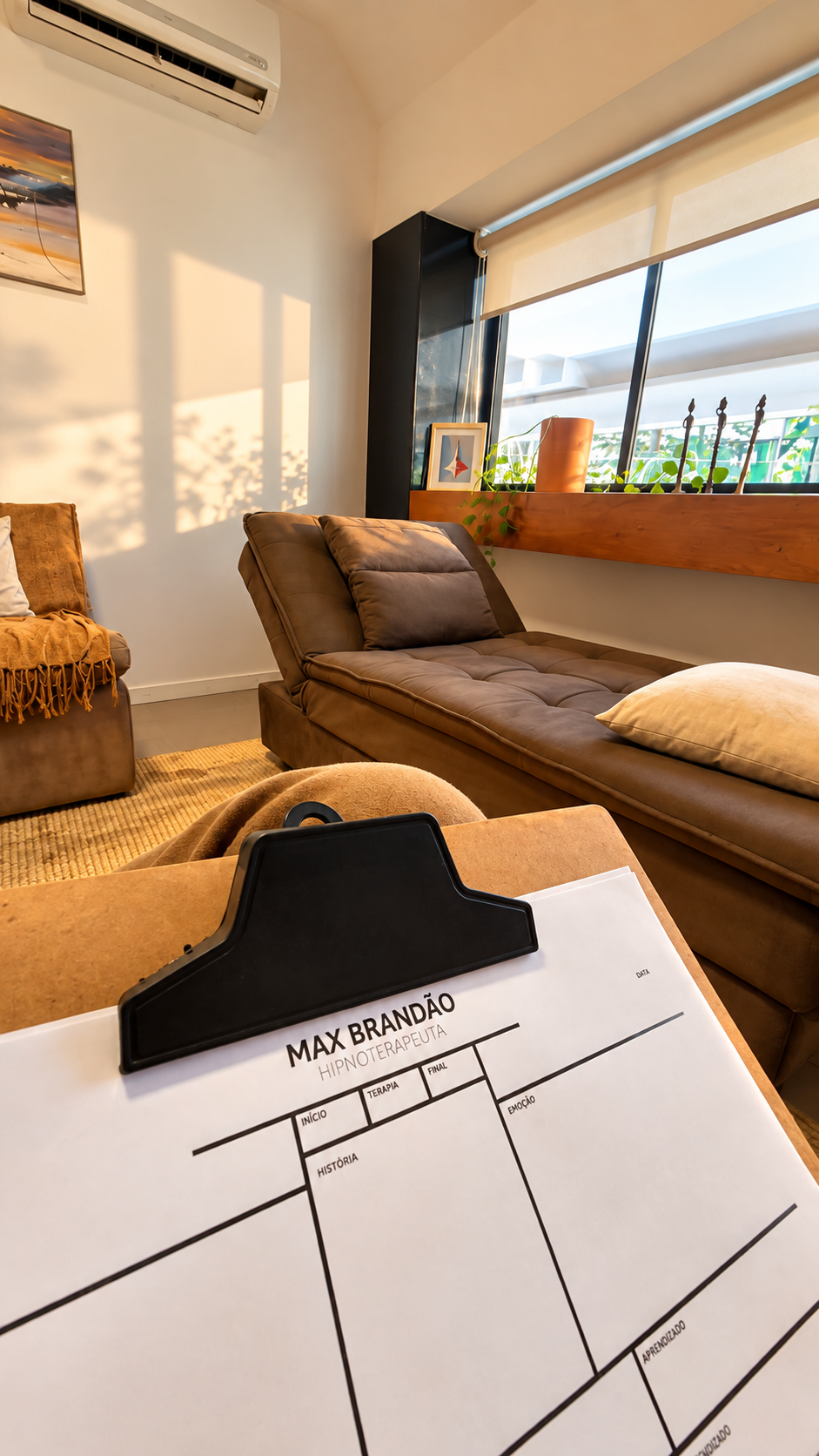 Consultório de Max Brandão com chaise de atendimento e prancheta terapêutica