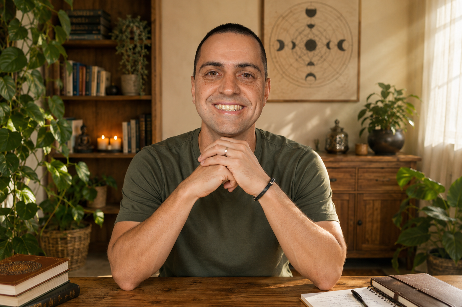 Max Brandão sorrindo em seu consultório, transmitindo acolhimento